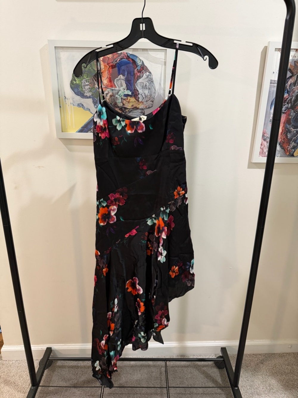 NICHOLAS Anneli Black Floral Asymmetrical Midi Dress with Multicolor Blooms